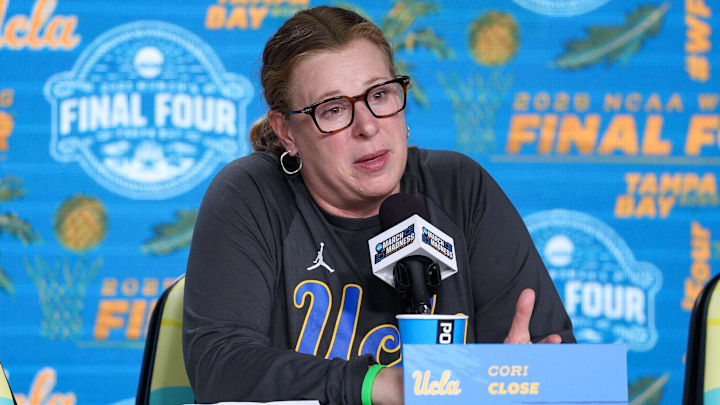 Apr 3, 2025; Tampa, FL, USA; UCLA Bruins head coach Cori Close talks to media before the NCAA Woman’s Final Four at Amalie Arena. Mandatory Credit: Nathan Ray Seebeck-Imagn Images