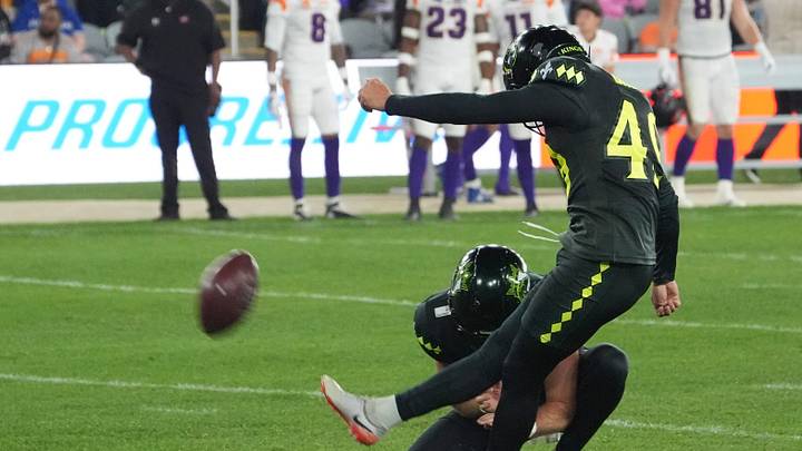 Louisville Kings’s Tanner Brown kicks a field goal against Orlando Storm at Lynn Family Stadium. 
April 10, 2026