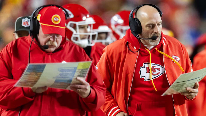 Jan 26, 2025; Kansas City, MO, USA; Kansas City Chiefs offensive coordinator Matt Nagy (right) and head coach Andy Reid against the Buffalo Bills during the AFC Championship game at GEHA Field at Arrowhead Stadium. Mandatory Credit: Mark J. Rebilas-Imagn Images
