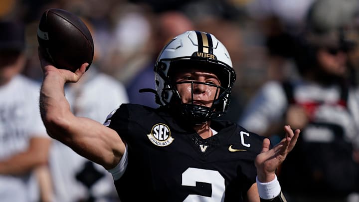 Vanderbilt's quarterback Diego Pavia (2) warms up before their game against Missouri at FirstBank Stadium in Nashville, Tenn., Saturday, Oct. 25, 2025. Vanderbilt's quarterback Diego Pavia (2) warms up before their game against Missouri at FirstBank Stadium in Nashville, Tenn., Saturday, Oct. 25, 2025.
