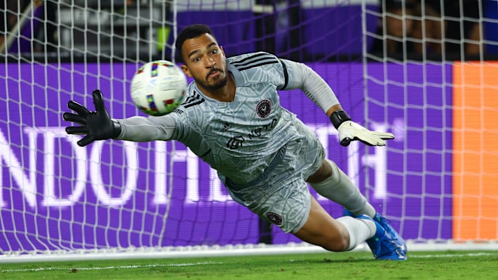 Inter Miami goalkeeper Drake Callender tries to stop an Orlando City penalty shot in the Herons' shootout loss May 25 in the U.S. Open Cup.