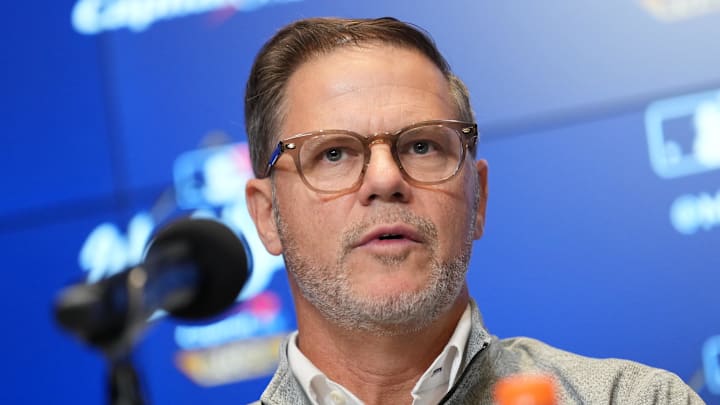 Oct 24, 2025; Toronto, Ontario, CAN; Toronto Blue Jays executive vice president and general manager Ross Atkins speaks to the media before game one of the 2025 MLB World Series against the Los Angeles Dodgers at Rogers Centre. 