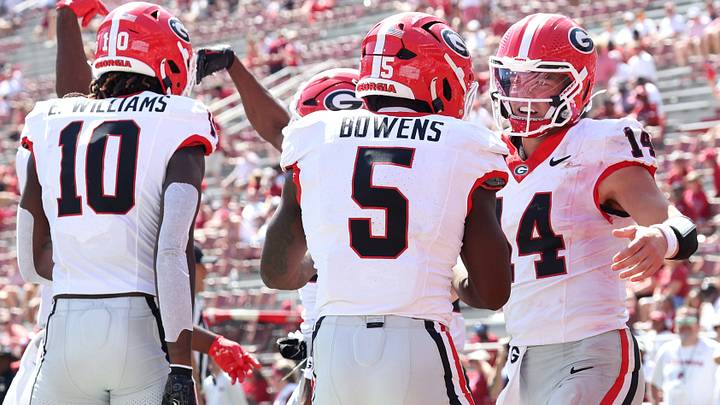 Georgia Football RB Chauncey Bowens celebrates with QB Gunner Stockton. Georgia Football RB Chauncey Bowens celebrates with QB Gunner Stockton.