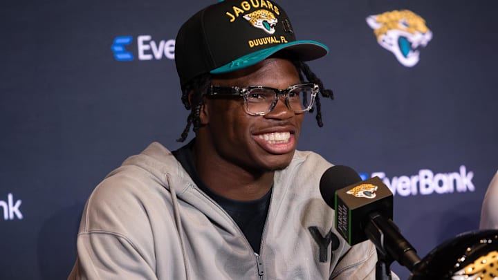 Apr 25, 2025; Jacksonville, FL, USA; Jacksonville Jaguars first round draft pick Travis Hunter talks to the media during a press conference at Miller Electric Center. Mandatory Credit: Travis Register-Imagn Images