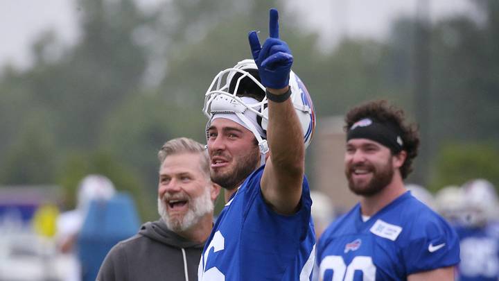 Bills tight end Dalton Kincaid jokes with head coach Joe Brady before day two of Buffalo Bills training camp at St. John Fisher University Thursday, July 30, 2026 in Pittsford. Bills tight end Dalton Kincaid jokes with head coach Joe Brady before day two of Buffalo Bills training camp at St. John Fisher University Thursday, July 30, 2026 in Pittsford.