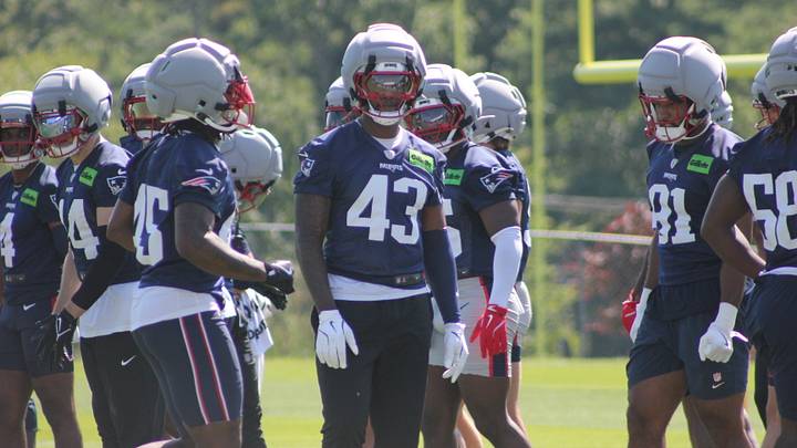 New England Patriots edge rusher Bradyn Swinson with his teammates during a training camp practice.