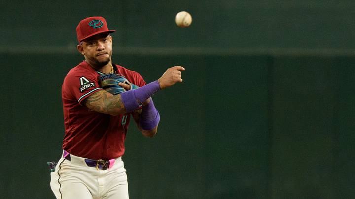 Aug 11, 2026; Phoenix, Arizona, USA; Arizona Diamondbacks infielder Ketel Marte (4) throws across the infield in the ninth inning of a game against the Colorado Rockies at Chase Field. Mandatory Credit: Allan Henry-Imagn Images Aug 11, 2026; Phoenix, Arizona, USA; Arizona Diamondbacks infielder Ketel Marte (4) throws across the infield in the ninth inning of a game against the Colorado Rockies at Chase Field. Mandatory Credit: Allan Henry-Imagn Images