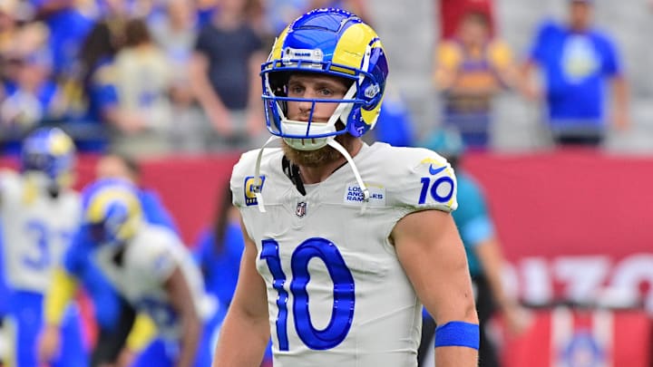 Sep 15, 2024; Glendale, Arizona, USA;  Los Angeles Rams wide receiver Cooper Kupp (10) prior to a game against the Arizona Cardinals at State Farm Stadium. Mandatory Credit: Matt Kartozian-Imagn Images