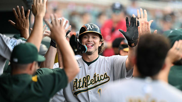 Jun 25, 2025; Detroit, Michigan, USA; Athletics first baseman Nick Kurtz (16) celebrates in the dugout after hitting a three-run home run against the Detroit Tigers in the third inning at Comerica Park. Mandatory Credit: Lon Horwedel-Imagn Images Jun 25, 2025; Detroit, Michigan, USA; Athletics first baseman Nick Kurtz (16) celebrates in the dugout after hitting a three-run home run against the Detroit Tigers in the third inning at Comerica Park. Mandatory Credit: Lon Horwedel-Imagn Images