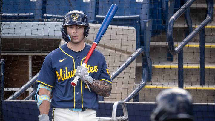 Milwaukee Brewers infield prospect Andrew Fischer waits to bat during spring training workouts Tuesday, February 17, 2026, at American Family Fields of Phoenix in Phoenix, Arizona. Milwaukee Brewers infield prospect Andrew Fischer waits to bat during spring training workouts Tuesday, February 17, 2026, at American Family Fields of Phoenix in Phoenix, Arizona.