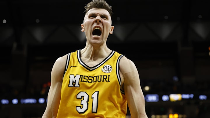 Mar 8, 2025; Columbia, Missouri, USA; Missouri Tigers guard Caleb Grill (31) reacts in the second half against the Kentucky Wildcats at Mizzou Arena. Mandatory Credit: Gary Rohman-Imagn Images