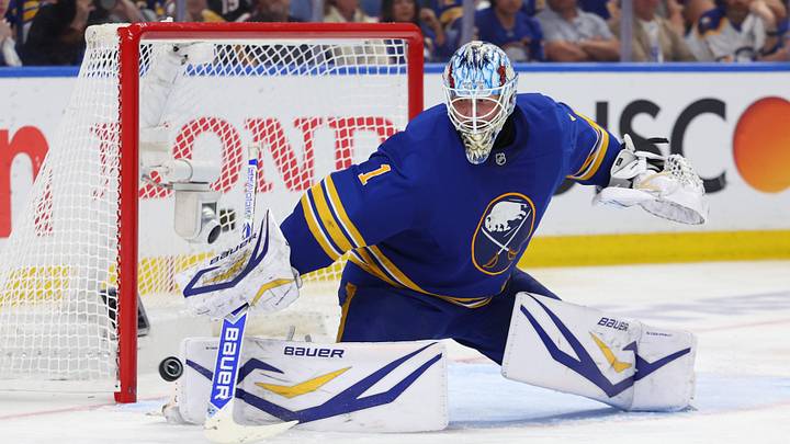 May 18, 2026; Buffalo, New York, USA; Buffalo Sabres goaltender Ukko-Pekka Luukkonen (1) makes a save during the third period against the Montréal Canadiens in game seven of the second round of the 2026 Stanley Cup Playoffs at KeyBank Center. Mandatory Credit: Timothy T. Ludwig-Imagn Images