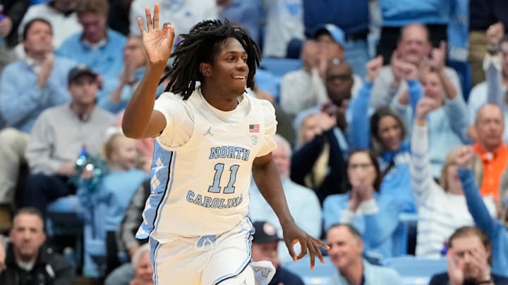 Feb 22, 2025; Chapel Hill, North Carolina, USA; North Carolina Tar Heels guard Ian Jackson (11) reacts after hitting a three point shot in the first half at Dean E. Smith Center. Mandatory Credit: Bob Donnan-Imagn Images