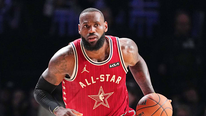 Feb 18, 2024; Indianapolis, Indiana, USA; Western Conference forward LeBron James (23) of the Los Angeles Lakers dribbles the ball during the first half of the 73rd NBA All Star game at Gainbridge Fieldhouse. Mandatory Credit: Kyle Terada-Imagn Images