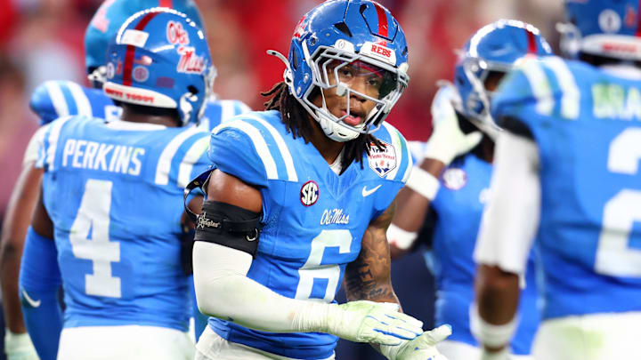 Jan 8, 2026; Glendale, AZ, USA; Mississippi Rebels linebacker TJ Dottery (6) against the Miami Hurricanes during the 2026 Fiesta Bowl and semifinal game of the College Football Playoff at State Farm Stadium. Mandatory Credit: Mark J. Rebilas-Imagn Images
