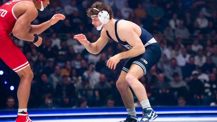 Penn State's Levi Haines, right, wrestles Nebraska's Christopher Minto in the 174-pound bout during a Big Ten dual meet on January 30, 2026, in State College. Penn State won the dual, 26-12. Penn State's Levi Haines, right, wrestles Nebraska's Christopher Minto in the 174-pound bout during a Big Ten dual meet on January 30, 2026, in State College. Penn State won the dual, 26-12.