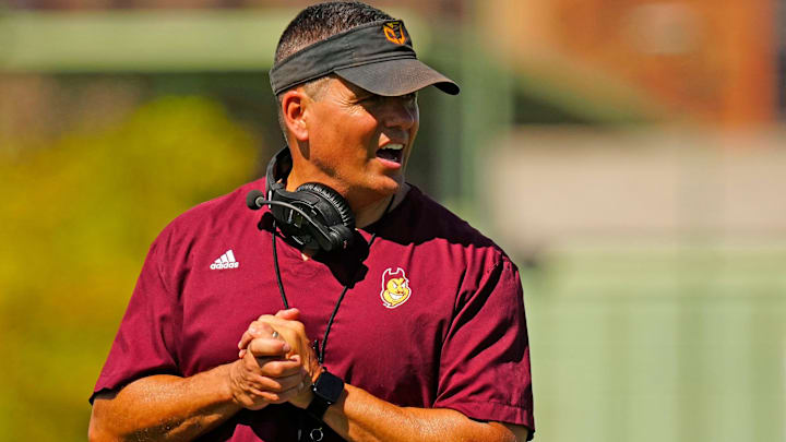 Arizona State defensive coordinator Brian Ward runs a drill for his secondary during the first day of fall practice in Tempe, Ariz. on July 30, 2025. Arizona State defensive coordinator Brian Ward runs a drill for his secondary during the first day of fall practice in Tempe, Ariz. on July 30, 2025.