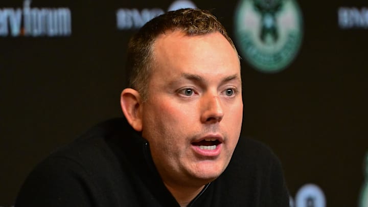 Milwaukee Bucks general manager Jon Horst addresses the media after head coach Adrian Griffin (not pictured) was dismissed at Fiserv Forum on January 24, 2024.