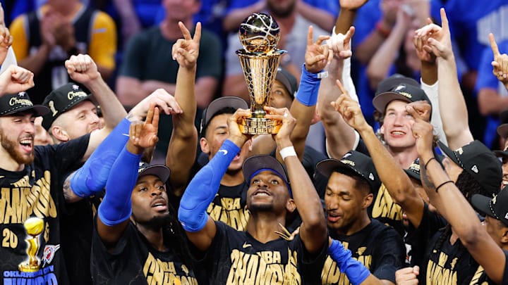 Jun 22, 2025; Oklahoma City, Oklahoma, USA; The Oklahoma City Thunder celebrate after winning game seven of the 2025 NBA Finals against the Indiana Pacers at Paycom Center. Mandatory Credit: Alonzo Adams-Imagn Images