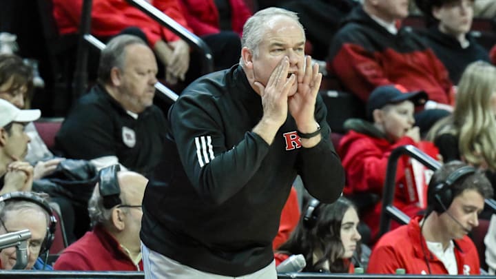 Feb 23, 2025; Piscataway, New Jersey, USA; Rutgers Scarlet Knights head coach Steve Pikiell during the first half  against the USC Trojans at Jersey Mike's Arena. Mandatory Credit: John Jones-Imagn Images