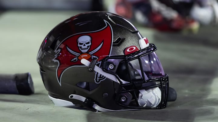 Detailed view of a Tampa Bay Buccaneers helmet at State Farm Stadium.