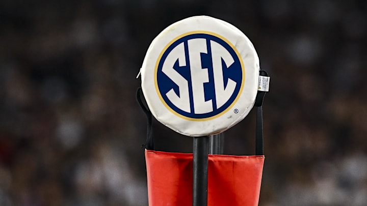 Nov 16, 2024; College Station, Texas, USA; A detail view of the SEC logo on a chain marker during the game between the Texas A&M Aggies and the New Mexico State Aggies at Kyle Field. Mandatory Credit: Maria Lysaker-Imagn Images 
