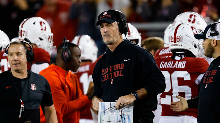 Nov 22, 2025; Stanford, California, USA; Stanford Cardinal head coach Frank Reich looks on during the second quarter against the California Golden Bears at Stanford Stadium. Mandatory Credit: Sergio Estrada-Imagn Images