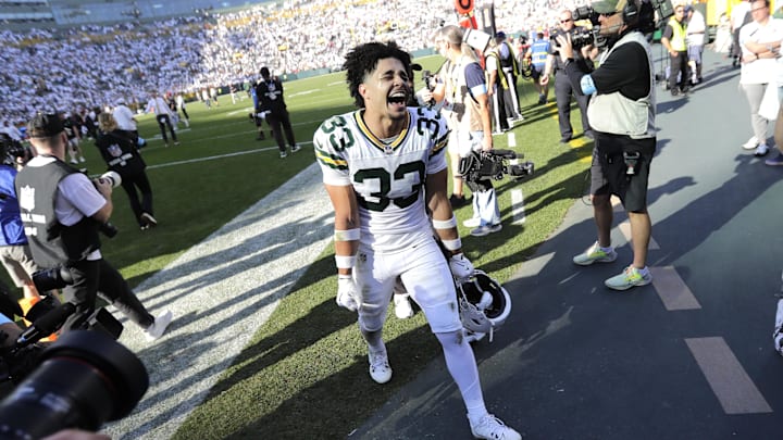Green Bay Packers safety Evan Williams (33) celebrates after last year's victory over the Houston Texans.