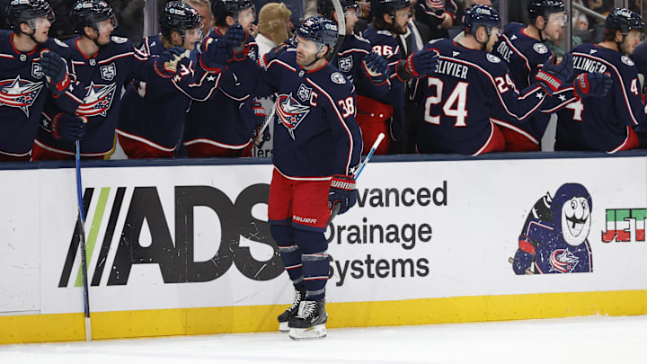 Mar 29, 2026; Columbus, Ohio, USA; Columbus Blue Jackets center Boone Jenner (38) celebrates his goal against the Boston Bruins during the first period at Nationwide Arena. Mandatory Credit: Russell LaBounty-Imagn Images Mar 29, 2026; Columbus, Ohio, USA; Columbus Blue Jackets center Boone Jenner (38) celebrates his goal against the Boston Bruins during the first period at Nationwide Arena. Mandatory Credit: Russell LaBounty-Imagn Images