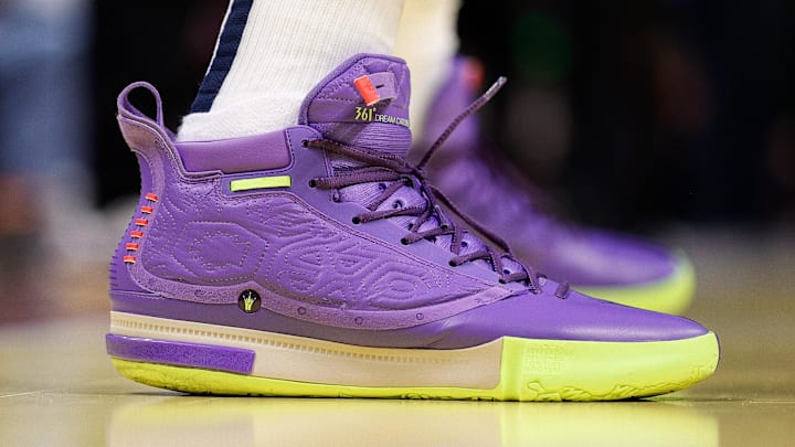 Dec 3, 2024; Denver, Colorado, USA; A detail view of the shoes worn by Denver Nuggets center Nikola Jokic (15) before the game against the Golden State Warriors at Ball Arena. 