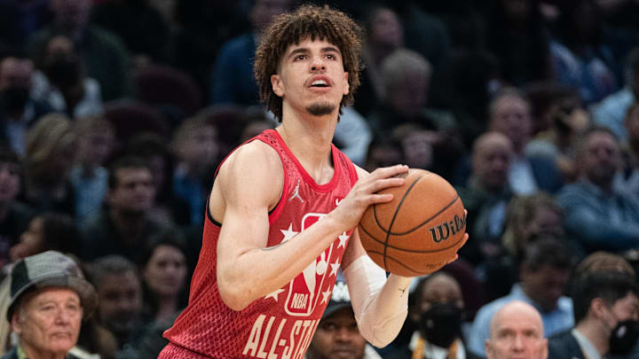 February 20, 2022; Cleveland, Ohio, USA; Team Durant guard LaMelo Ball of the Charlotte Hornets