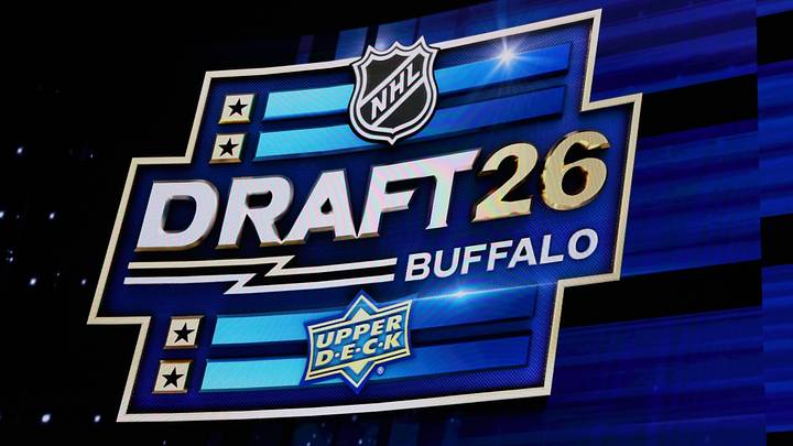 Jun 26, 2026; Buffalo, New York, USA; The logo for the NHL draft during the first round at KeyBank Center. Mandatory Credit: Timothy T. Ludwig-Imagn Images