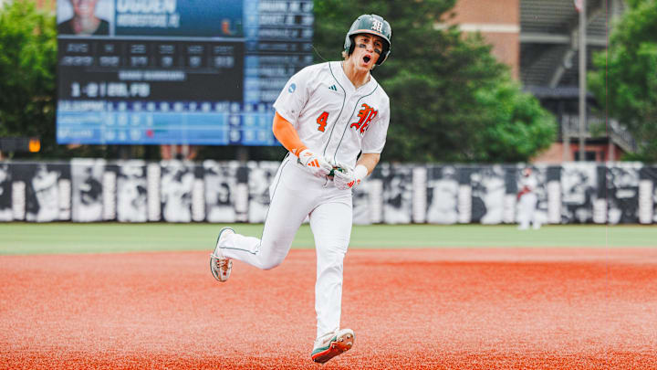 Miami Hurricanes Shortstop Jake Ogden (4) after hitting a homerun.