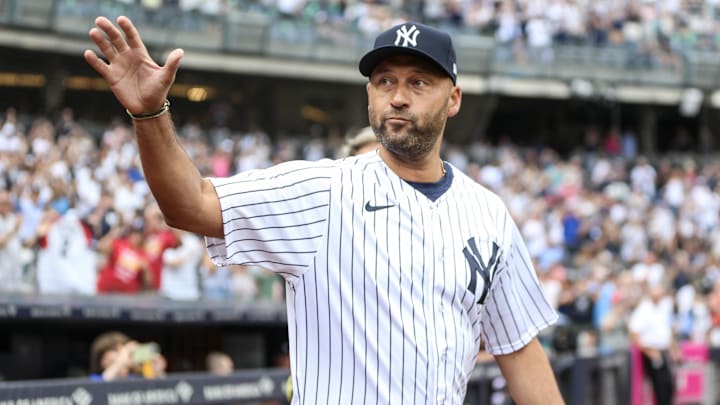 Sep 9, 2023; Bronx, New York, USA;  Former New York Yankees shortstop Derek Jeter at Old Timers Day before the game against the Milwaukee Brewers at Yankee Stadium. Mandatory Credit: Wendell Cruz-Imagn Images