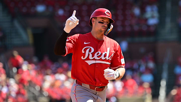 Sep 17, 2025; St. Louis, Missouri, USA; Cincinnati Reds first baseman Spencer Steer (7) signals to the Cincinnati Reds dugout as he rounds the bases after hitting a three-run home run in the fourth inning against the St. Louis Cardinals at Busch Stadium. Mandatory Credit: Tim Vizer-Imagn Images