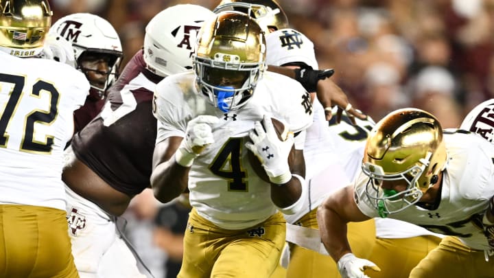 Aug 31, 2024; College Station, Texas, USA; Notre Dame Fighting Irish running back Jeremiyah Love (4) breaks free and runs the ball into the end zone for a touchdown in the fourth quarter against the Texas A&M Aggies at Kyle Field. Mandatory Credit: Maria Lysaker-USA TODAY Sports