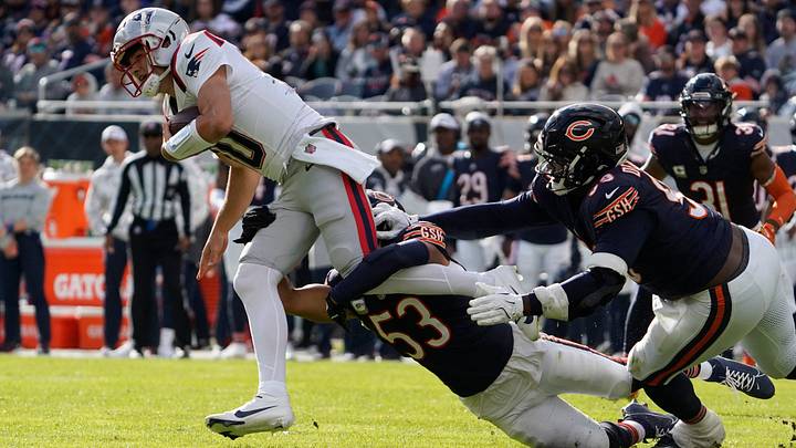 Bears linebacker T.J. Edwards tackles New England Patriots quarterback Drake Maye at Soldier Field in a 2024 Chicago loss. Bears linebacker T.J. Edwards tackles New England Patriots quarterback Drake Maye at Soldier Field in a 2024 Chicago loss.