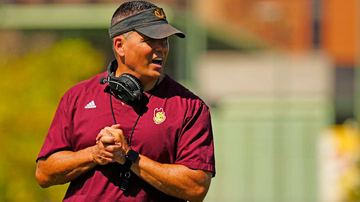 Arizona State defensive coordinator Brian Ward runs a drill for his secondary during the first day of fall practice in Tempe, Ariz. on July 30, 2025.