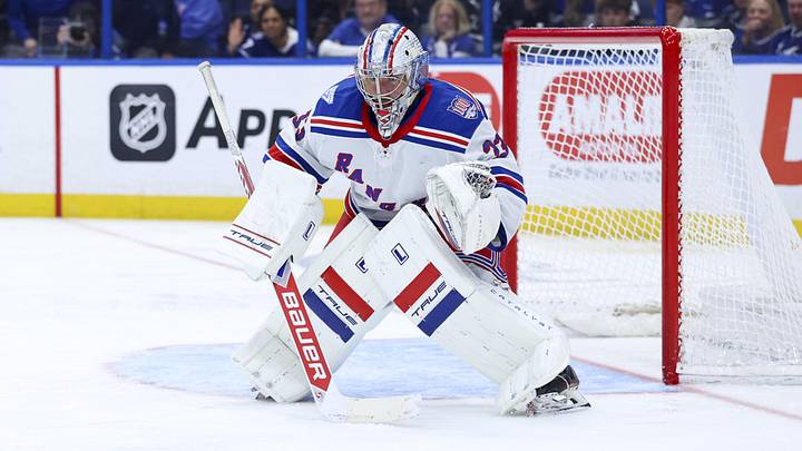 Apr 15, 2026; Tampa, Florida, USA; New York Rangers goaltender Dylan Garand (33) looks on against the Tampa Bay Lightning in the third period at Benchmark International Arena. Apr 15, 2026; Tampa, Florida, USA; New York Rangers goaltender Dylan Garand (33) looks on against the Tampa Bay Lightning in the third period at Benchmark International Arena.