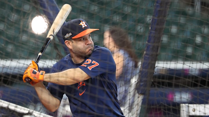 Oct 1, 2024; Houston, Texas, USA; Houston Astros second baseman Jose Altuve (27) takes batting practice before playing against the Detroit Tigers in game one of the Wild Card round for the 2024 MLB Playoffs at Minute Maid Park. Mandatory Credit: Troy Taormina-Imagn Images