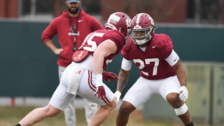 Mar 21, 2024; Tuscaloosa, Alabama, USA; Defensive backs Caleb McDougle (45) and Tony Mitchell (27) work against each other during practice at the University Alabama Thursday.
