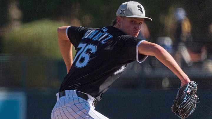 Chicago White Sox pitcher Noah Schultz (76) throws the first pitches of his major league career during the fifth inning of a spring training game against the San Diego Padres at Camelback Ranch in Glendale, Ariz., on Feb 26, 2025. Chicago White Sox pitcher Noah Schultz (76) throws the first pitches of his major league career during the fifth inning of a spring training game against the San Diego Padres at Camelback Ranch in Glendale, Ariz., on Feb 26, 2025.