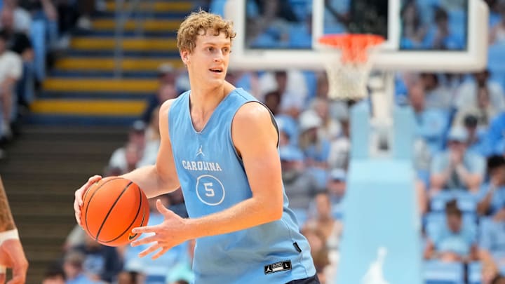 Oct 12, 2024; Chapel Hill, NC, USA; North Carolina Tar Heels guard Cade Tyson (5) with the  ball in the second half at the Dean E. Smith Center. Mandatory Credit: Bob Donnan-Imagn Images