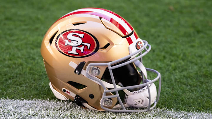 Jan 5, 2025; Glendale, Arizona, USA; Detailed view of a San Francisco 49ers helmet at State Farm Stadium. Mandatory Credit: Mark J. Rebilas-Imagn Images