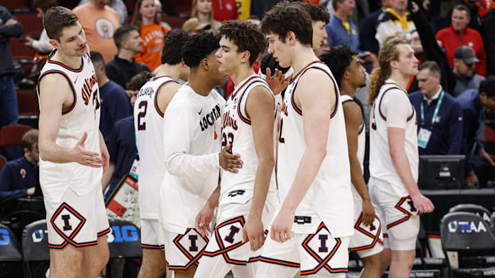 Mar 13, 2026; Chicago, IL, USA; Illinois Fighting Illini players react after the game against the Wisconsin Badgers at United Center. Mandatory Credit: Kamil Krzaczynski-Imagn Images
