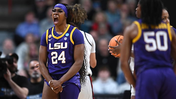 Mar 28, 2025; Spokane, WA, USA; LSU Lady Tigers forward Aneesah Morrow (24) reacts after a play against the NC State Wolfpack during the second half of a Sweet 16 NCAA Tournament basketball game at Spokane Arena. Mandatory Credit: James Snook-Imagn Images Mar 28, 2025; Spokane, WA, USA; LSU Lady Tigers forward Aneesah Morrow (24) reacts after a play against the NC State Wolfpack during the second half of a Sweet 16 NCAA Tournament basketball game at Spokane Arena. Mandatory Credit: James Snook-Imagn Images