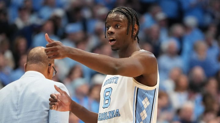 Feb 7, 2026; Chapel Hill, North Carolina, USA;  North Carolina Tar Heels forward Caleb Wilson (8) reacts in the first half at Dean E. Smith Center. Mandatory Credit: Bob Donnan-Imagn Images