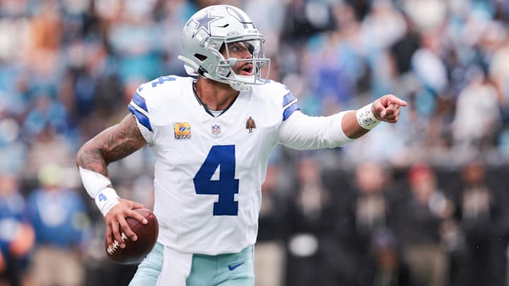 Dallas Cowboys quarterback Dak Prescott communicates during the second half against the Carolina Panthers. Dallas Cowboys quarterback Dak Prescott communicates during the second half against the Carolina Panthers.