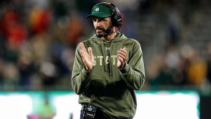 Oct 10, 2025; Fort Collins, Colorado, USA; Colorado State Rams head coach Jay Norvell in the second quarter against the Fresno State Bulldogs at Sonny Lubick Field at Canvas Stadium. Mandatory Credit: Isaiah J. Downing-Imagn Images