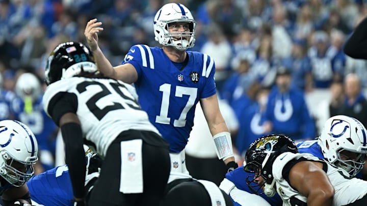 Dec 28, 2025; Indianapolis, Indiana, USA; Indianapolis Colts quarterback Philip Rivers (17) calls signals during the second half against the Jacksonville Jaguars at Lucas Oil Stadium. Mandatory Credit: Robert Goddin-Imagn Images
